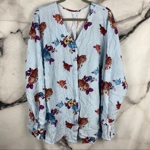 Blue and White Striped Floral Blouse